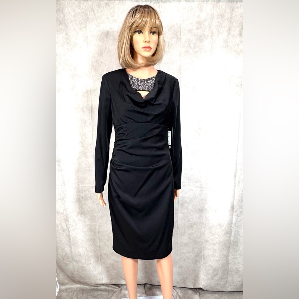 NWT -  David Meister Black Ruched Long Sleeve and Jeweled Cocktail Dress